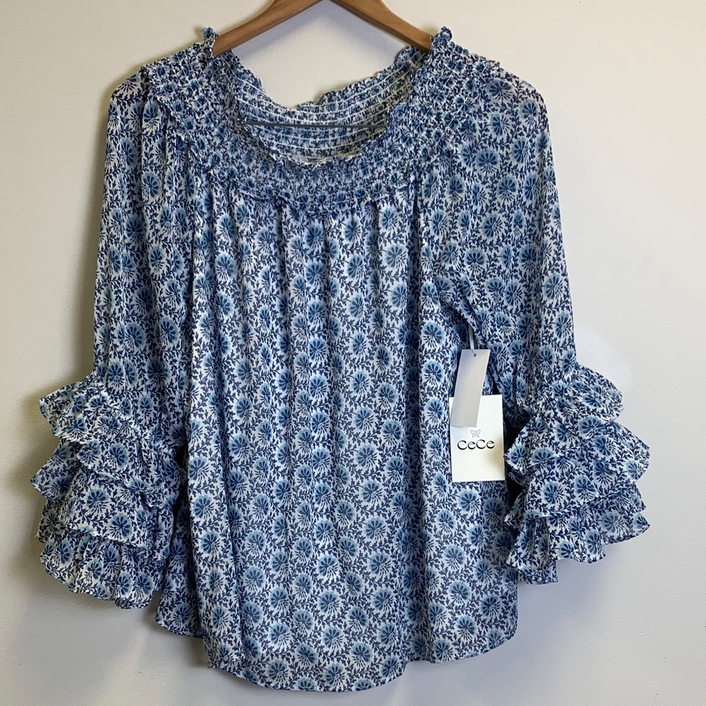 CeCe Ruffled Blue Patterned Blouse NWT - image 1